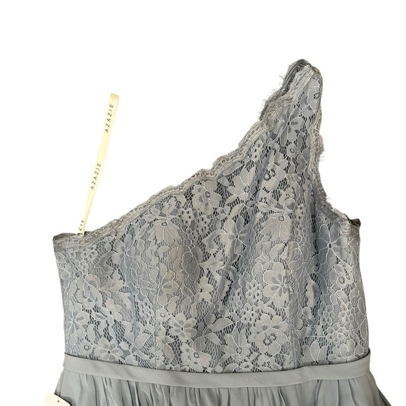 Azazie Demi one shoulder lace full length bridesmaid dress dusty blue size A14 - Picture 4 of 8